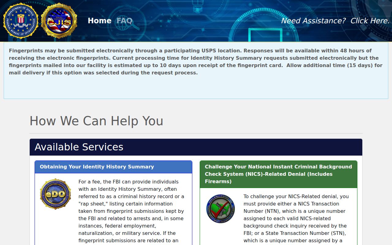 Jackson County criminal history FBI identity request portal