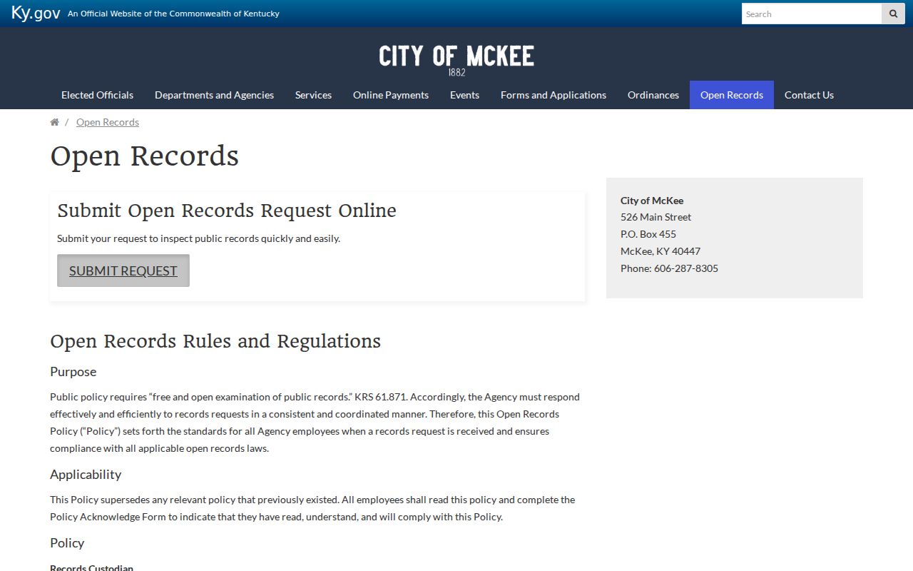 McKee criminal records official city open records request page